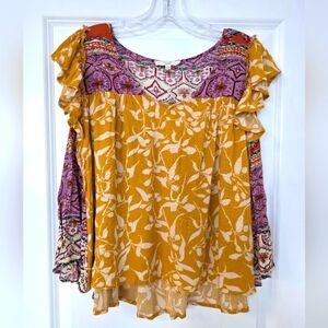 Easel Yellow and Purple Floral Flutter Sleeve Blouse Size Small